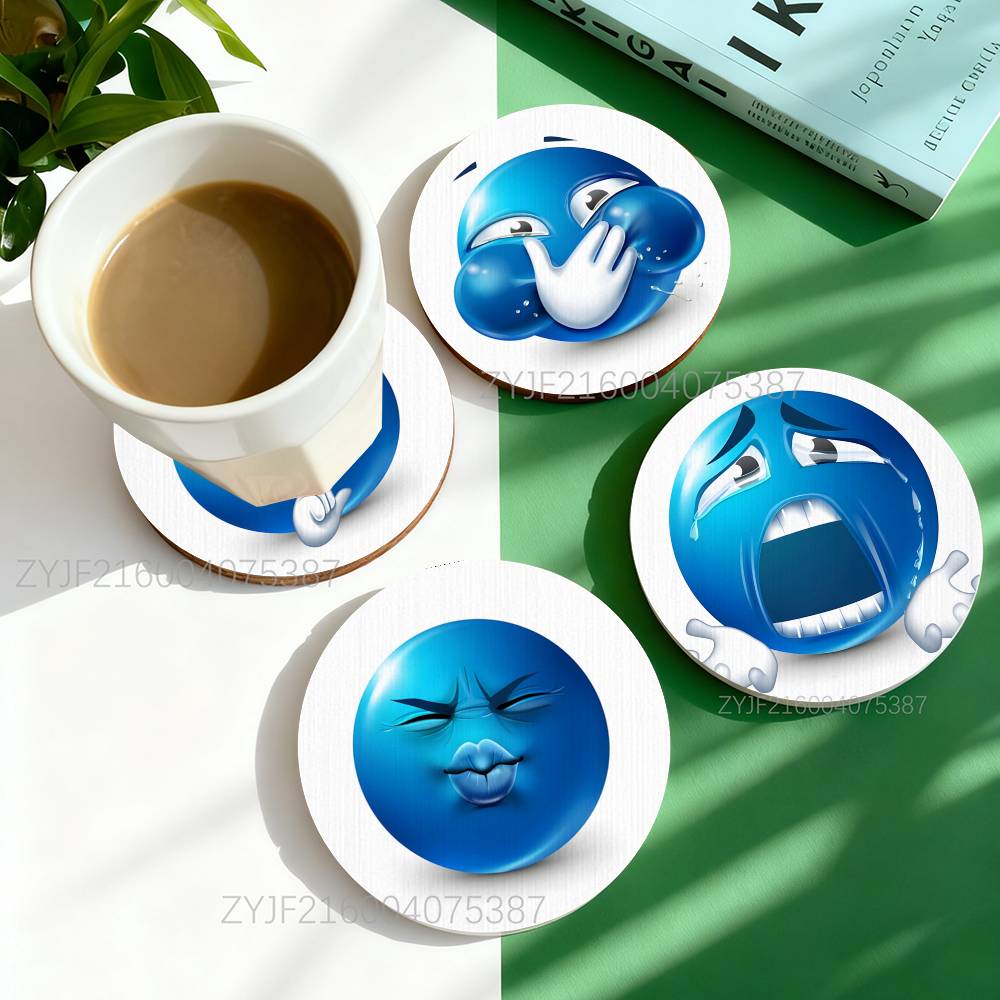 B-Blue Emoji Funny Round Woode - Coffee Tea Emoji 리뷰 및 가격